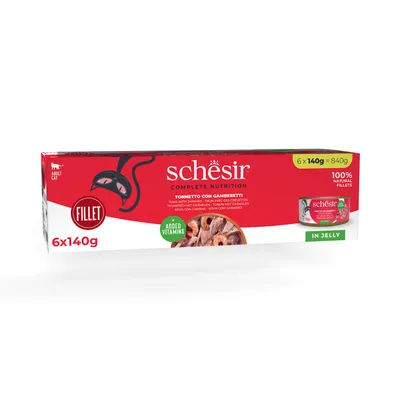 Schesir Complete Nutrition, риба тон с скариди в желе, 6x140g = 840g, 100% натурални филета, за възрастни котки, с добавени витамини.