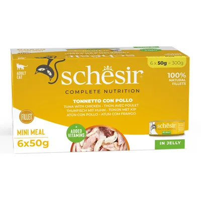 Schesir Mini Meal за възрастни котки, риба тон с пиле в желе, 6x50g, 100% натурални филета, с добавени витамини.