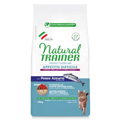 Natural Trainer karma dla kotów, Appetito Difficile, z niebieską rybą. Składniki: żurawina, drożdże, bez barwników i dodatku cukru. Dla kotów sterylizowanych, dorosłych 1-7 lat, 1,5 kg.