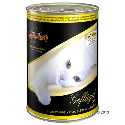Blik Leonardo kattenvoer, tekst: Geflügel pur, Pure volaille, Super Premium Quality Made in Germany, verrijkt met taurine, zonder kunstmatige kleur-, smaak- en conserveringsstoffen.