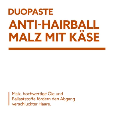Duopaste Anti-Hairball Malz mit Käse. Malz, hochwertige Öle und Ballaststoffe fördern den Abgang verschluckter Haare.