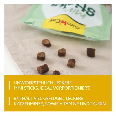 Onweerstaanbaar lekkere Mini Sticks, ideaal voorgeportioneerd. Bevat veel gevogelte, smakelijke kattenkruid, vitamines en taurine.