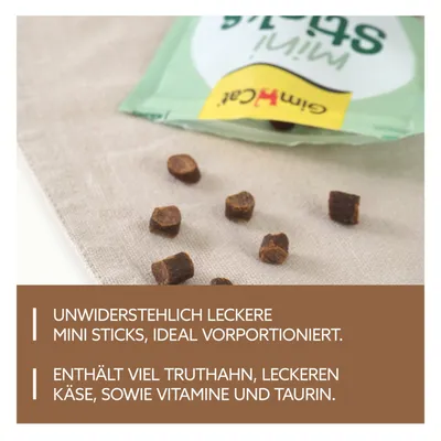 Onweerstaanbaar lekkere Mini Sticks, ideaal voorgeportioneerd. Bevat veel kalkoen, smakelijke kaas, vitamines en taurine.