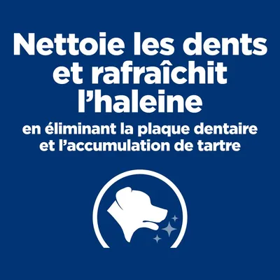Nettoie les dents et rafraîchit l’haleine en éliminant la plaque dentaire et le tartre. Texte français avec symbole de chien.