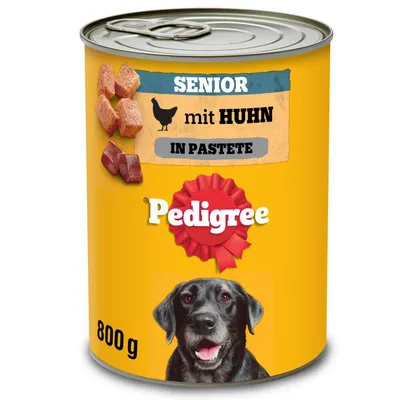 Pedigree Senior mit Huhn in Pastete, 800 g Dose. Gelbes Design mit schwarzem Hund und Fleischstücken abgebildet.