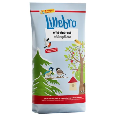 Lillebro Wild Bird Food Wildvogelfutter, 20 kg. Na embalaži so ilustracije ptic, dreves in ptičje hišice. Besedilo v nemščini in angleščini. Oznaka: 4 Jahreszeiten seasons.