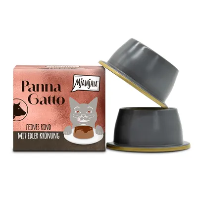 Mjamjam Panna Gatto Feines Rind mit edler Krönung. Verpackung und zwei geöffnete Schalen sichtbar.