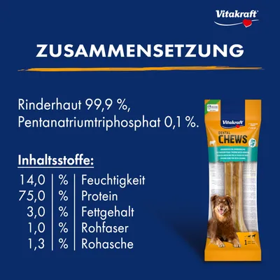 Vitakraft Dental Chews Zusammensetzung: Rinderhaut 99,9 %, Pentanatriumtriphosphat 0,1 %. Inhaltsstoffe: Feuchtigkeit 14 %, Protein 75 %, Fettgehalt 3 %, Rohfaser 1 %, Rohasche 1,3 %.