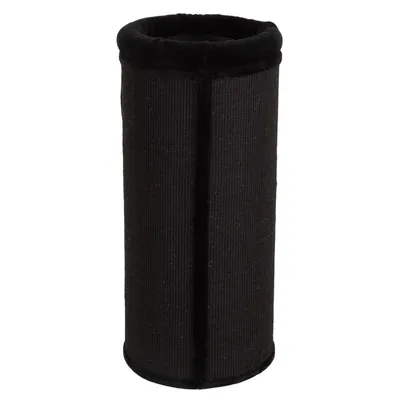 Cylindrical black scratching post with a textured surface and open top, designed for pets to scratch or climb.