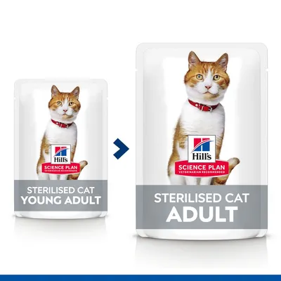 Packaging change from 'Sterilised Cat Young Adult' to 'Sterilised Cat Adult' shown with Hill's Science Plan branding.