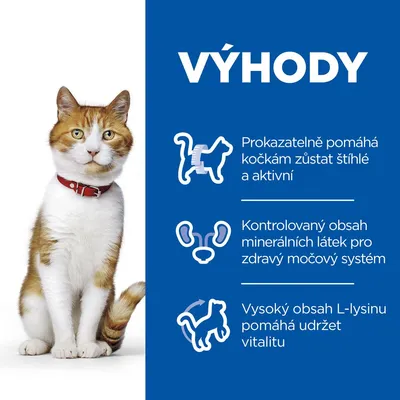 Výhody: Prokazatelně pomáhá kočkám zůstat štíhlé a aktivní, kontrolovaný obsah minerálních látek pro zdravý močový systém, vysoký obsah L-lysinu pomáhá udržet vitalitu.