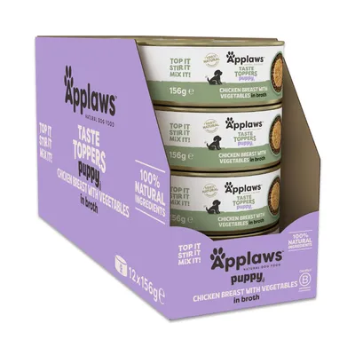 Applaws Taste Toppers puppy, piščančje prsi z zelenjavo v juhi, 12x156 g, 100 % naravne sestavine, DODAJ, PREMEŠAJ, ZMEŠAJ.