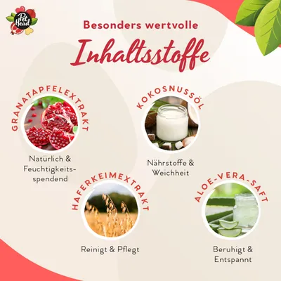 Besonders wertvolle Inhaltsstoffe: Granatapfelextrakt, Kokosnussöl, Haferkeimextrakt und Aloe-Vera-Saft mit Eigenschaften wie feuchtigkeitsspendend, nährend, pflegend und beruhigend.