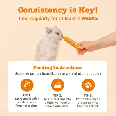 Feeding instructions: Squeeze out 8cm strips or one third of a teaspoon. Tips: apply to your finger, mix into wet food, or dab onto the front paw. Give regularly for at least 4 weeks. Feeding instructions: Squeeze out 8cm strips or one third of a teaspoon. Tips: apply to your finger, mix into wet food, or dab onto the front paw. Give regularly for at least 4 weeks.