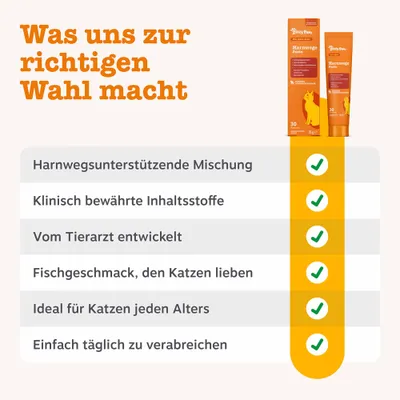 Was uns zur richtigen Wahl macht: Harnwegsunterstützende Mischung, klinisch bewährte Inhaltsstoffe, vom Tierarzt entwickelt, Fischgeschmack, ideal für Katzen jeden Alters, einfach täglich zu verabreichen. Was uns zur richtigen Wahl macht: Harnwegsunterstützende Mischung, klinisch bewährte Inhaltsstoffe, vom Tierarzt entwickelt, Fischgeschmack, ideal für Katzen jeden Alters, einfach täglich zu verabreichen.