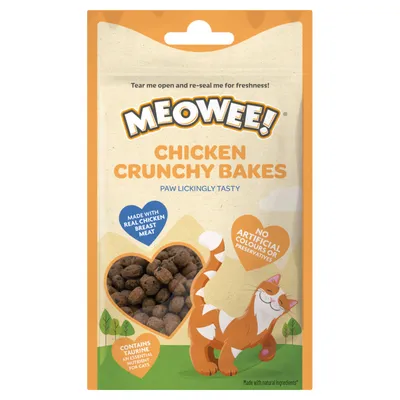 Meowee! Chicken Crunchy Bakes. Z prawdziwym filetem z piersi kurczaka, bez sztucznych barwników i konserwantów. Zawiera taurynę, niezbędny składnik dla kotów.