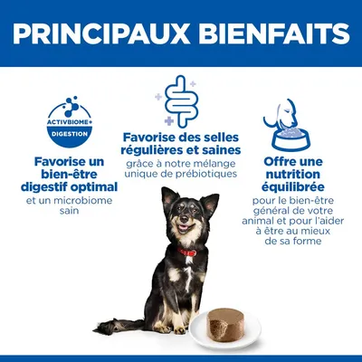 Principaux avantages : Bien-être digestif optimal grâce à ActivBiome+, selles saines et régulières avec des prébiotiques, alimentation équilibrée pour le bien-être général de l’animal.