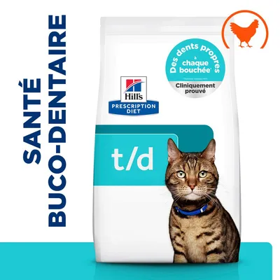 Hill's Prescription Diet t/d, Santé bucco-dentaire, Des dents propres à chaque bouchée, Cliniquement prouvé, Symbole de poulet, Chat illustré.