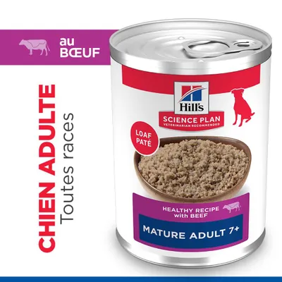 Hill's Science Plan Mature Adulte 7+ Mousse Pâté au bœuf, recette saine, pour chiens adultes de toutes races, boîte illustrée. Hill's Science Plan Mature Adulte 7+ Mousse Pâté au bœuf, recette saine, pour chiens adultes de toutes races, boîte illustrée.