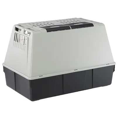 Draagbox van kunststof met ventilatieopeningen aan de zijkanten en bovenkant, geschikt voor het vervoeren van huisdieren. Kleur: lichtgrijs met zwart onderstel.