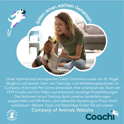 Coachi Sortiment für Hundetraining, entwickelt von Dr. Roger Mugford und Company of Animals. Fokus auf positive Lernerfahrungen und liebevolle Beziehung zwischen Hund und Halter.