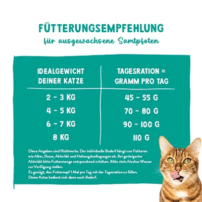 Fütterungsempfehlung für ausgewachsene Katzen: 2-3 kg = 45-55 g, 4-5 kg = 70-80 g, 6-7 kg = 90-100 g, 8 kg = 110 g pro Tag. Hinweise zur Anpassung und Wasser bereitstellen.