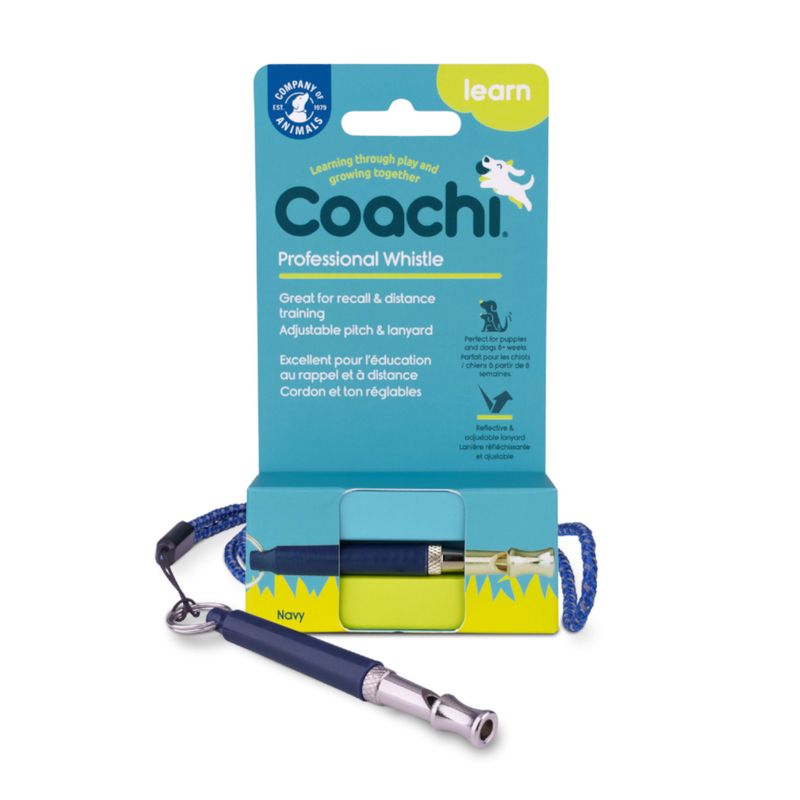 Coachi Professional Whistle für Rückruf- und Distanztraining. Einstellbare Tonhöhe und reflektierendes, verstellbares Band. Perfekt für Welpen und Hunde. Farbe: Navy.