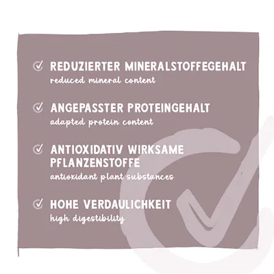 Reduzierter Mineralstoffgehalt, angepasster Proteingehalt, antioxidativ wirksame Pflanzenstoffe, hohe Verdaulichkeit. Englische Übersetzungen darunter. Reduzierter Mineralstoffgehalt, angepasster Proteingehalt, antioxidativ wirksame Pflanzenstoffe, hohe Verdaulichkeit. Englische Übersetzungen darunter.