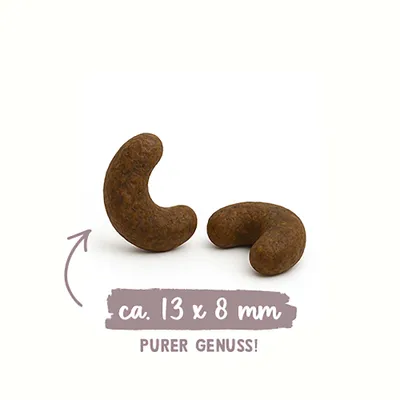 Zwei gebogene Snacks, Größe ca. 13 x 8 mm, Text: PURER GENUSS! Zwei gebogene Snacks, Größe ca. 13 x 8 mm, Text: PURER GENUSS!