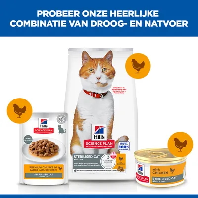 Hill's Science Plan Sterilised Cat Adult droog- en natvoer met kip, combinatie van zakje, blik en voederzak, productafbeeldingen met kip-symbool. Hill's Science Plan Sterilised Cat Adult droog- en natvoer met kip, combinatie van zakje, blik en voederzak, productafbeeldingen met kip-symbool.