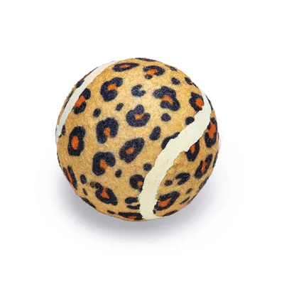 Spielball mit Leopardenmuster, beige Hintergrund mit schwarzen und orangefarbenen Flecken, weiße Streifen entlang der Oberfläche.