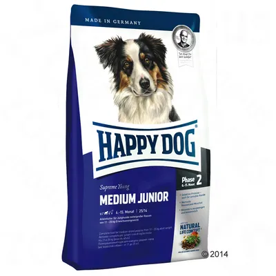 Pienso para perros Happy Dog Medium Junior, Supreme Young, Phase 2, 6–15 meses, fabricado en Alemania. Imagen de un perro en el envase. Texto: Natural Life Concept.