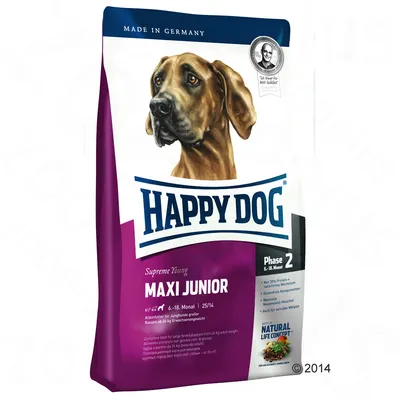 Balenie krmiva Happy Dog Supreme Young Maxi Junior, Phase 2, pre veľké plemená, 6–18 mesiacov, 25/14, vyrobené v Nemecku, viditeľný obrázok psa a logo Natural Life Concept.