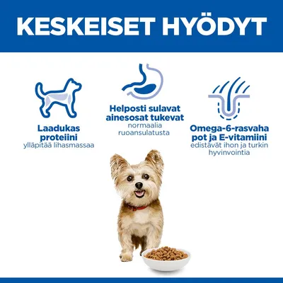 Laadukas proteiini ylläpitää lihasmassaa, helposti sulavat ainesosat tukevat normaalia ruoansulatusta, omega-6-rasvahapot ja E-vitamiini edistävät ihon ja turkin hyvinvointia. Laadukas proteiini ylläpitää lihasmassaa, helposti sulavat ainesosat tukevat normaalia ruoansulatusta, omega-6-rasvahapot ja E-vitamiini edistävät ihon ja turkin hyvinvointia.