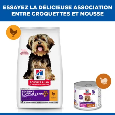 Hill's Science Plan Sensitive Stomach & Skin Croquettes au poulet et aliment humide à la dinde pour petits chiens jusqu'à 10 kg. Recommandation : combinaison de croquettes et de mousse.