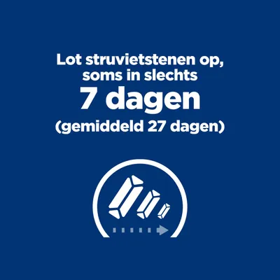 Struvietstenen kunnen soms al binnen 7 dagen worden opgelost, gemiddeld in 27 dagen. Struvietstenen kunnen soms al binnen 7 dagen worden opgelost, gemiddeld in 27 dagen.