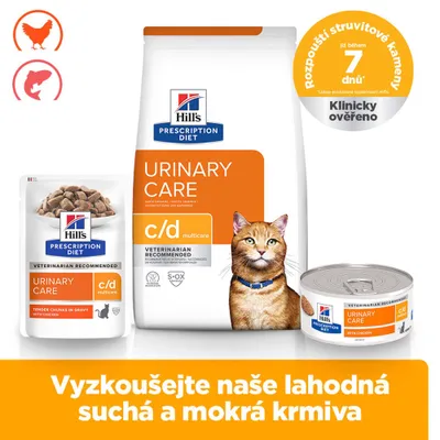 Hill's Prescription Diet Urinary Care c/d Multicare krmivo pro kočky, klinicky ověřené, rozpouští struvitové kameny během 7 dnů. Suché a vlhké krmivo s kuřecím a rybou zobrazeno. Hill's Prescription Diet Urinary Care c/d Multicare krmivo pro kočky, klinicky ověřené, rozpouští struvitové kameny během 7 dnů. Suché a vlhké krmivo s kuřecím a rybou zobrazeno.