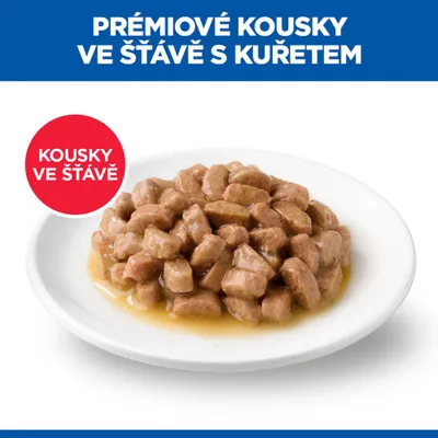 Talíř s masovými kousky v omáčce, Text: Prémiové kousky ve šťávě s kuřecím, Kousky ve šťávě. Talíř s masovými kousky v omáčce, Text: Prémiové kousky ve šťávě s kuřecím, Kousky ve šťávě.