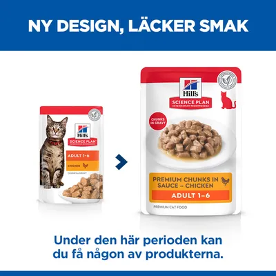 Hill's Science Plan Adult 1-6 Chicken kattfoder: gammal och ny förpackningsdesign, information om att båda varianterna kan förekomma under övergångsperioden. Hill's Science Plan Adult 1-6 Chicken kattfoder: gammal och ny förpackningsdesign, information om att båda varianterna kan förekomma under övergångsperioden.