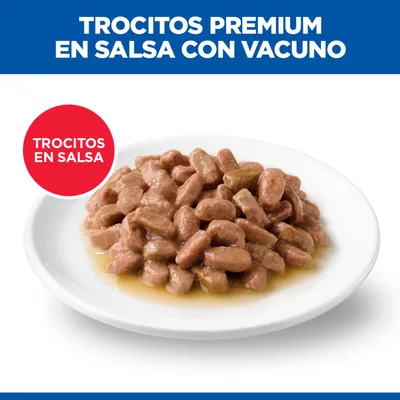 Trocitos Premium en salsa con carne de res, servidos en un plato blanco. Texto: Trocitos en salsa.