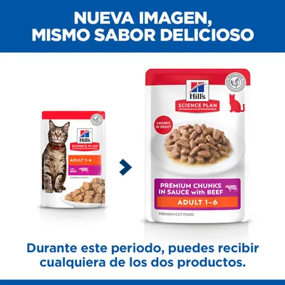 Nota: Durante el periodo de transición, puede recibir tanto el envase antiguo como el nuevo de Hill's Science Plan Adult 1-6 Premium Chunks in Sauce with Beef.