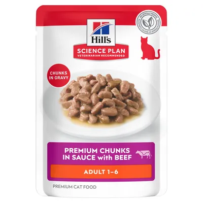 Hill's Science Plan Premium Pedaços em Molho com Vaca, Adulto 1-6, Pedaços em Molho, Alimento Premium para Gatos, sem conservantes ou corantes artificiais.