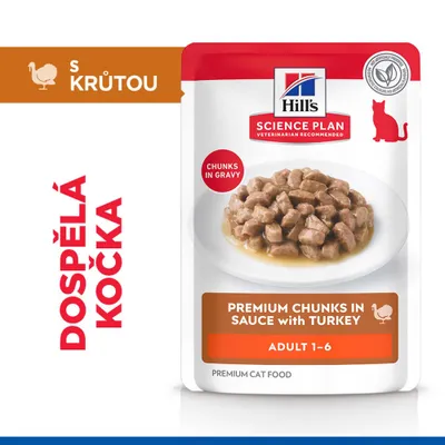 Hill's Science Plan Premium kousky v omáčce s krůtím, Adult 1-6, kousky v šťávě, prémiové krmivo pro kočky. Pro dospělé kočky s krůtím. Hill's Science Plan Premium kousky v omáčce s krůtím, Adult 1-6, kousky v šťávě, prémiové krmivo pro kočky. Pro dospělé kočky s krůtím.