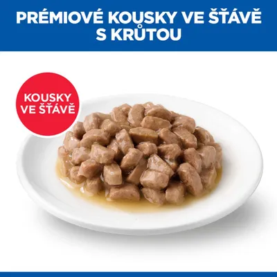 Talíř se šťavnatými kousky masa, Text: Prémiové kousky ve šťávě s krůtou, Kousky ve šťávě. Talíř se šťavnatými kousky masa, Text: Prémiové kousky ve šťávě s krůtou, Kousky ve šťávě.