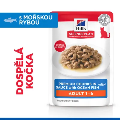 Hill's Science Plan Premium kousky v omáčce s mořskou rybou, Adult 1-6, kousky v šťávě, s mořskou rybou, dospělá kočka, prémiové krmivo pro kočky. Hill's Science Plan Premium kousky v omáčce s mořskou rybou, Adult 1-6, kousky v šťávě, s mořskou rybou, dospělá kočka, prémiové krmivo pro kočky.