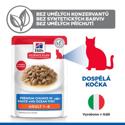 Hill's Science Plan Premium kousky v omáčce s mořskou rybou Adult 1-6, bez umělých konzervačních látek, barviv a aromat, vyrobeno v Itálii, pro dospělé kočky. Hill's Science Plan Premium kousky v omáčce s mořskou rybou Adult 1-6, bez umělých konzervačních látek, barviv a aromat, vyrobeno v Itálii, pro dospělé kočky.