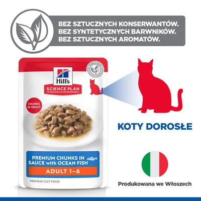 Hill's Science Plan Premium kawałki w sosie z rybą oceaniczną Adult 1-6, bez sztucznych konserwantów, barwników ani aromatów, dla dorosłych kotów, wyprodukowane we Włoszech. Hill's Science Plan Premium kawałki w sosie z rybą oceaniczną Adult 1-6, bez sztucznych konserwantów, barwników ani aromatów, dla dorosłych kotów, wyprodukowane we Włoszech.