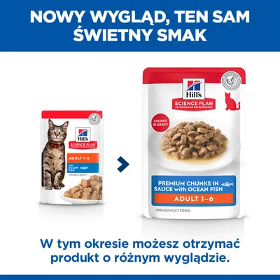 Hill's Science Plan Adult 1-6 karma dla kotów z rybą oceaniczną, porównanie nowego i starego wzoru opakowania. Uwaga: produkt może być dostarczony w różnych wersjach opakowania. Hill's Science Plan Adult 1-6 karma dla kotów z rybą oceaniczną, porównanie nowego i starego wzoru opakowania. Uwaga: produkt może być dostarczony w różnych wersjach opakowania.