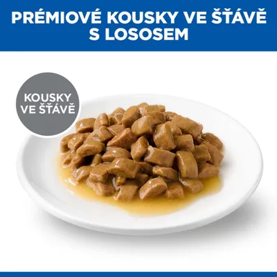 Tanier s kúskami mäsa v omáčke, Text: Prémiové kúsky v omáčke s lososom, Kousky ve šťávě.