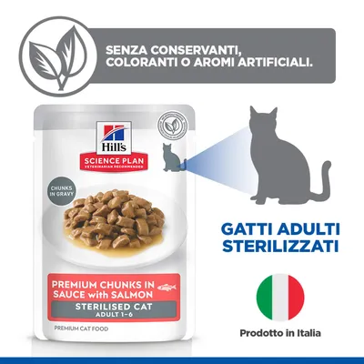 Hill's Science Plan Premium Chunks in Sauce con Salmone, sterilised cat adult 1-6. Senza conservanti, coloranti o aromi artificiali. Prodotto in Italia. Hill's Science Plan Premium Chunks in Sauce con Salmone, sterilised cat adult 1-6. Senza conservanti, coloranti o aromi artificiali. Prodotto in Italia.